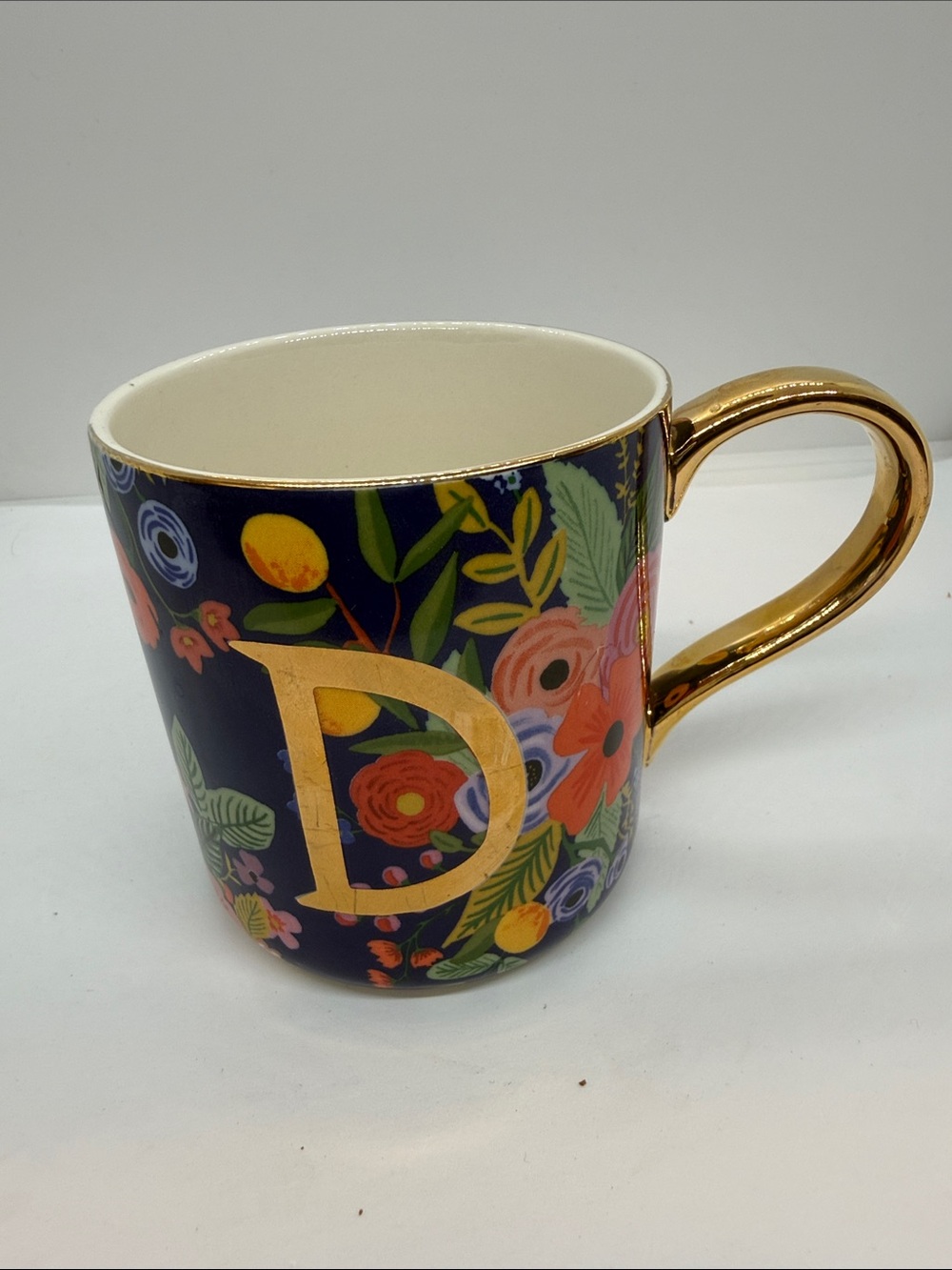 Navy Floral Monogram Mug with Gold Accent - Letter D